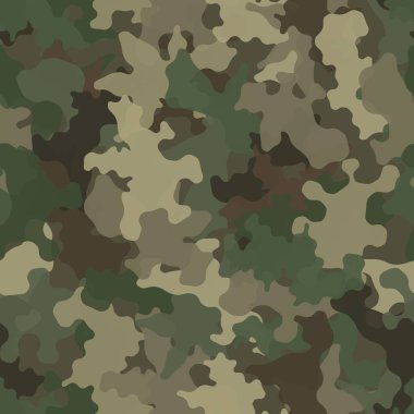 Kamuflajsız model arka planı. Klasik giyim tarzı kamuflaj tekrarı. Yeşil kahverengi zeytin rengi orman dokusu. Vektör illüstrasyonu.