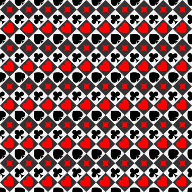 Vector playing cards suits seamless patterns. Backgrounds card suits. Casino gambling, poker and checkers background. Alice in wonderland ornament.