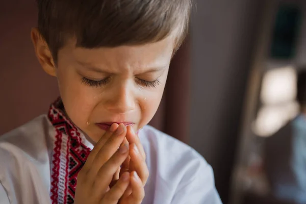 Boy Ukrainian Shirt Crying Indoor Closeup Shot — Stock Photo, Image