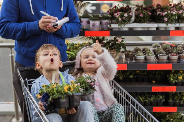 屋外の花の間に鉢植えの植物を持つ男の子と女の子 — ストック写真