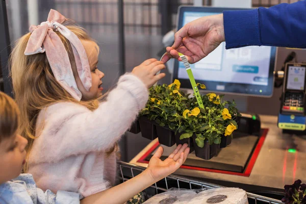 父親と弟を持つ小さな女の子は Suで花の植物を購入 — ストック写真
