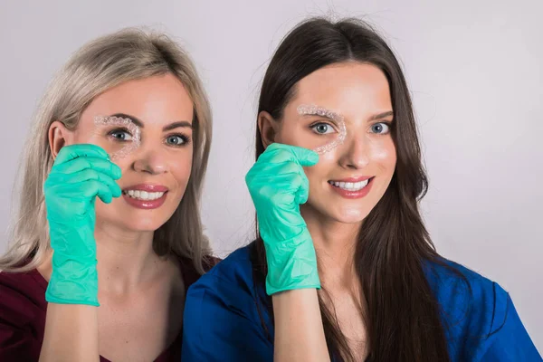 Close Young Beautiful Womans Smiling Hand Holding Dental — Stock Photo, Image