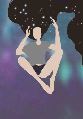 Kadınsı tasvirler, güzel kadınlar, yıldızlarla dolu saçlar. Yıldızlar ve alan arkaplanı ile dekore edilmiş karakter