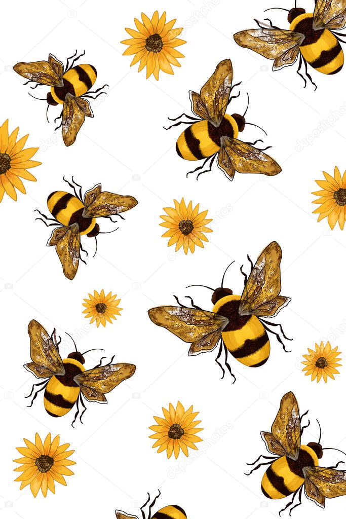 bees and flowers on a white background