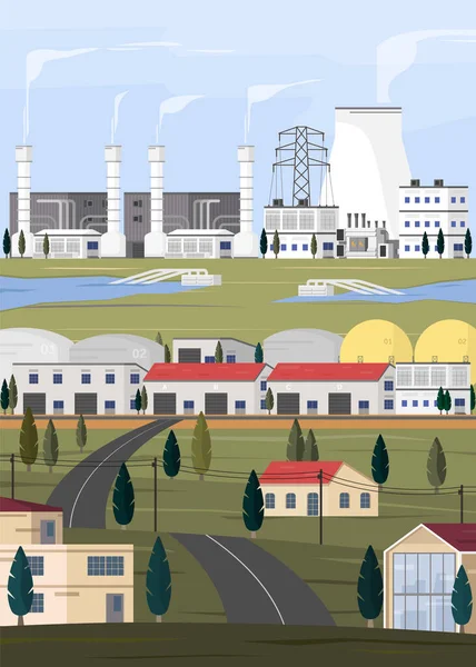 地热能 地热发电厂向工厂和城市供电 — 图库矢量图片