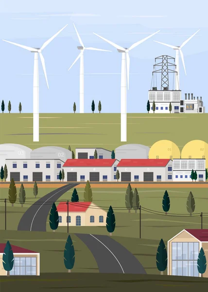 风力涡轮机发电厂向工厂和城市供电 — 图库矢量图片