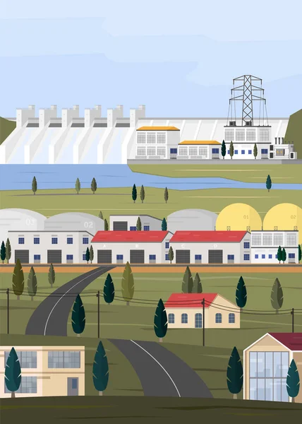 Energia Wodna Elektrownia Wodna Dostarczają Energię Elektryczną Fabryki Miasta — Wektor stockowy