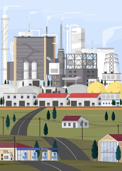 Ev电站和城市发电厂提供化石能源 — 图库矢量图片