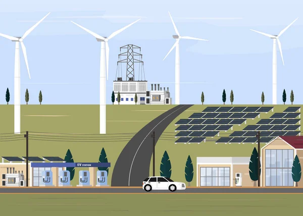 Ev电站和具有可再生能源的城市发电厂 — 图库矢量图片