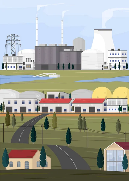 Energia Jądrowa Elektrownia Jądrowa Dostarczają Energię Elektryczną Fabryki Miasta — Wektor stockowy