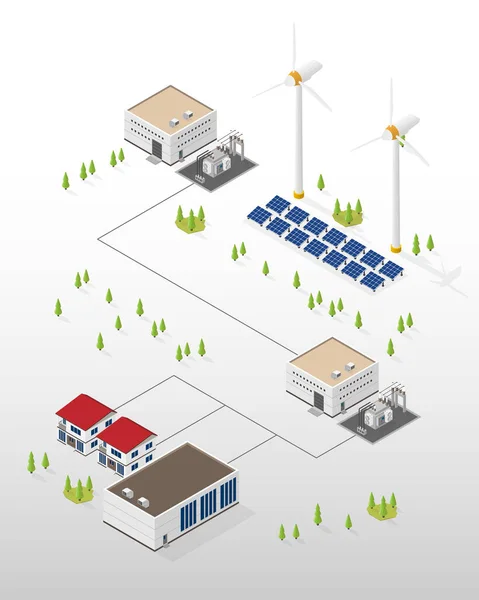 风力涡轮机和太阳能电池能量等距图形 — 图库矢量图片