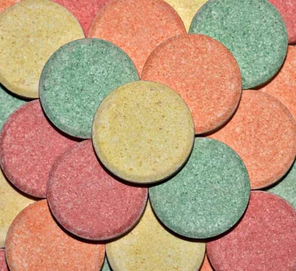 Colorful Antacid Pills Stacked Pyramid Abstract Closeup View Directly Looking — Stock Photo, Image