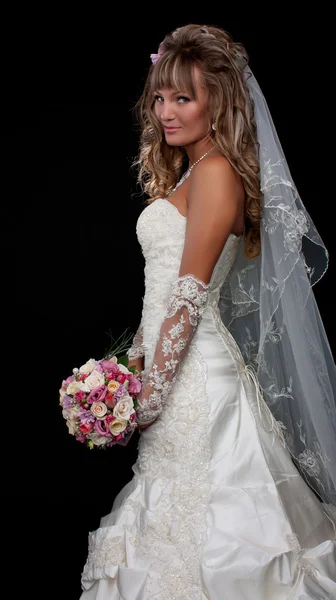 Happy beautiful bride on black background — Stock Photo, Image