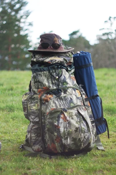 funny travel backpack in a hat and glasses