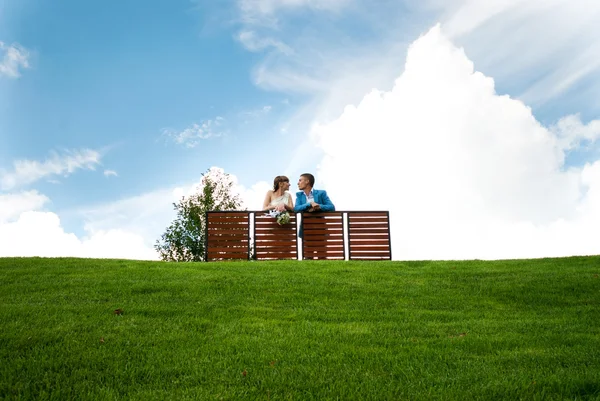 Pasgetrouwden op een groene gazon van achtergrond de hemel — Stockfoto