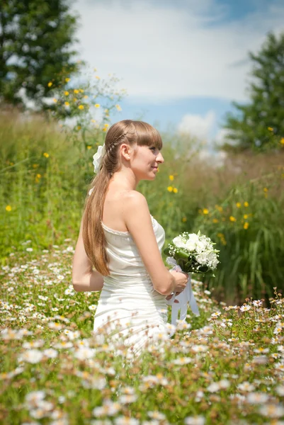 Beautiful bride in daisies — Stock Photo, Image