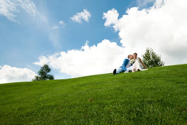 Молодожены на зеленой лужайке заднего плана небо — стоковое фото