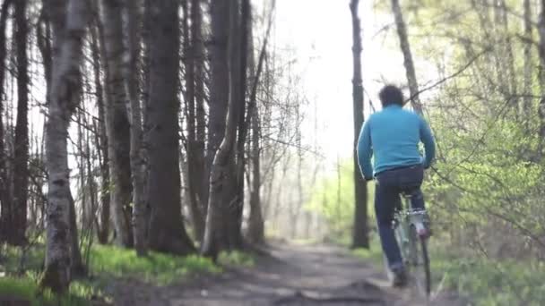 Hombre en paseos en bicicleta retro en el bosque — Vídeos de Stock