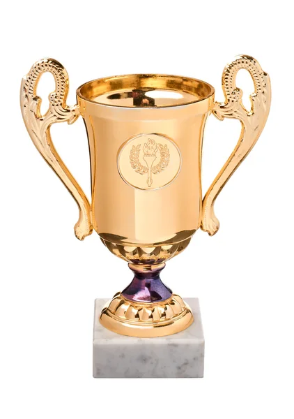 Gold trophy on white marble stand — Stock Photo, Image