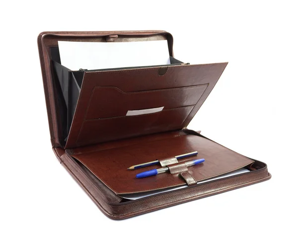 Open briefcase with stationery — Stock Photo, Image