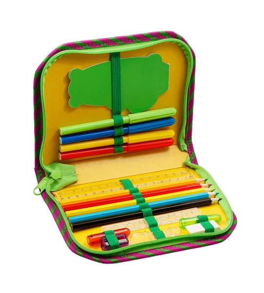 Pencil case with various stationery — Stock Photo, Image