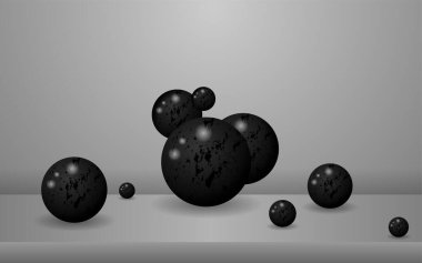 Kara Top siyah arka planda izole edildi. Gerçekçi siyah küreler, yağ kolajeni, 3 boyutlu jel küreler. Vektör su kabarcıkları veya gölgeli yuvarlak haplar