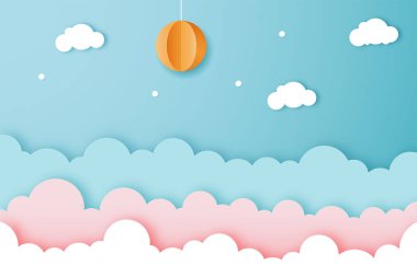 Modern kağıt kesimi gökyüzü manzarası arka planı beyaz kopya alanı ile. Kapak, poster ve kart için güneş ve bulutlar gerçekçi kağıt sanatları veya origami tarzı tasarım tasarımı konsepti