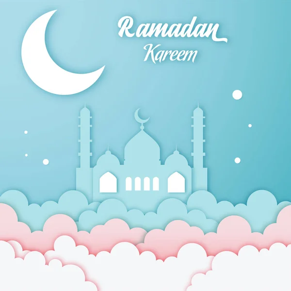 Islamic Beautiful Papercut Ramadan Kareem White Banner Desain Vektor Seni - Stok Vektor