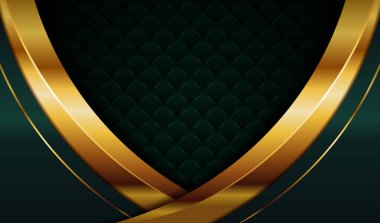 Modern geometrik soyut yeşil kapak tasarımı. Koyu dokuda parlayan altın kaplama katman arka planı. Kart broşürleri için davetiye bastırma reklam hattı.