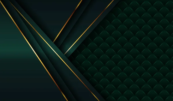 現代的な幾何学的な抽象的な緑のカバーのデザインは 暗いテクスチャに輝く黄金の重なり層の背景にチラシの招待状バナー印刷広告高級ラインのために — ストックベクタ