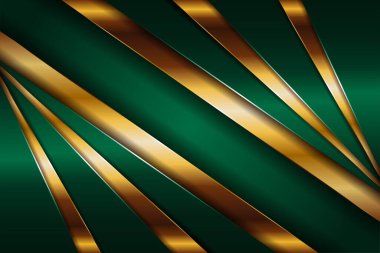 Soyut çokgen lüks koyu yeşil kombinasyon ve altın metal doku arka planı. Metalik parlak altın çizgiler üst üste biniyor.
