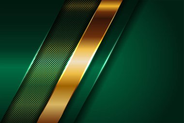 Soyut çokgen lüks koyu yeşil kombinasyon ve altın metal doku arka planı. Metalik parlak altın çizgiler üst üste biniyor.