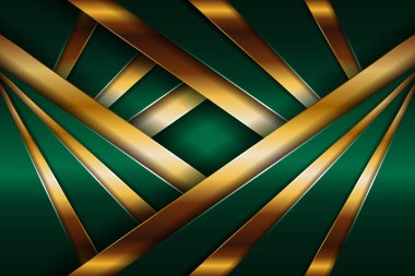 Soyut çokgen lüks koyu yeşil kombinasyon ve altın metal doku arka planı. Metalik parlak altın çizgiler üst üste biniyor.