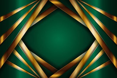 Soyut çokgen lüks koyu yeşil kombinasyon ve altın metal doku arka planı. Metalik parlak altın çizgiler üst üste biniyor.