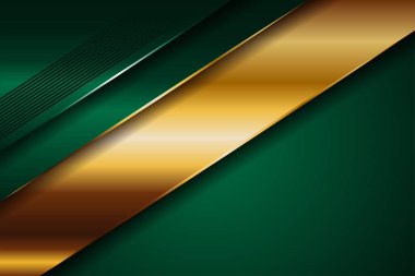 Soyut çokgen lüks koyu yeşil kombinasyon ve altın metal doku arka planı. Metalik parlak altın çizgiler üst üste biniyor.
