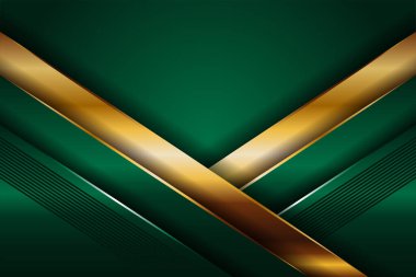 Soyut çokgen lüks koyu yeşil kombinasyon ve altın metal doku arka planı. Metalik parlak altın çizgiler üst üste biniyor.