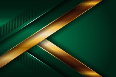 Soyut çokgen lüks koyu yeşil kombinasyon ve altın metal doku arka planı. Metalik parlak altın çizgiler üst üste biniyor.