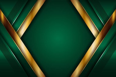 Soyut çokgen lüks koyu yeşil kombinasyon ve altın metal doku arka planı. Metalik parlak altın çizgiler üst üste biniyor.