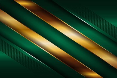 Soyut çokgen lüks koyu yeşil kombinasyon ve altın metal doku arka planı. Metalik parlak altın çizgiler üst üste biniyor.