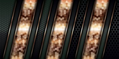 Modern lüks arka plan katmanı koyu yeşil ve gölge siyah uzayda soyut tasarım tarzıyla örtüşüyor. Çizgi altın element dekorasyonlu grafiksel çizim dokusu