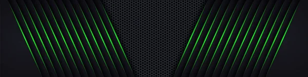 Abstracto Oscuro Tecnología Fondo Con Verde Luminoso Hexágono Fibra Carbono — Vector de stock