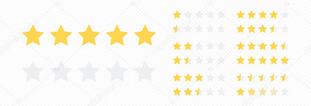 Vector illustration of Gold five star rating icon set on transparent background. Illustration flat icon with lighted yellow golden and grey stars for reviews, feedbacks products and services