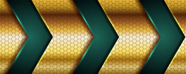 Lüks koyu yeşil arka plan, gerçekçi altın çizgisi ve parlak altın üzerine altıgen.