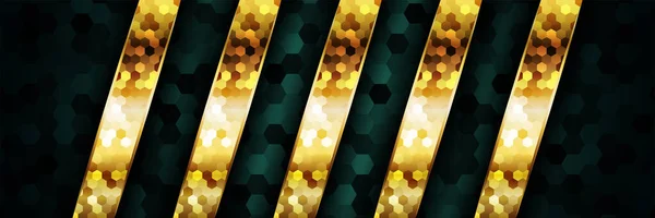 光沢のある黄金の上に現実的な金の線と六角形と豪華な濃い緑の重なりの背景 — ストックベクタ