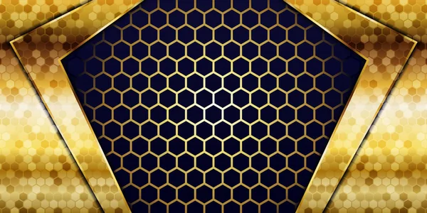 Luxury Navy Blue Overlap Background Realistic Gold Line Hexagon Shiny — Stock Vector