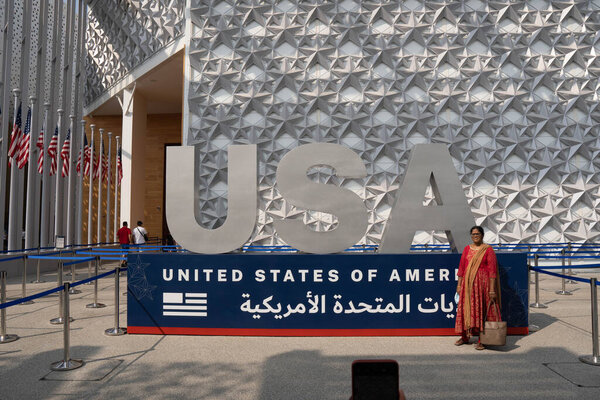 "11.6.2021 - Dubai, UAE - United States of America (USA) Pavilion Expo 2020 Sign Al Foshan District a global event on  future innovation"
