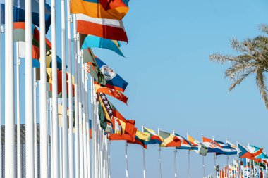 Birçok dünya bayrakları 2020 'de fuar merkezinin dışında mavi gökyüzü arka planında dalgalanır..