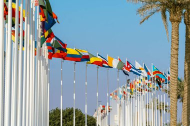 Birçok dünya bayrakları 2020 'de fuar merkezinin dışında mavi gökyüzü arka planında dalgalanır..