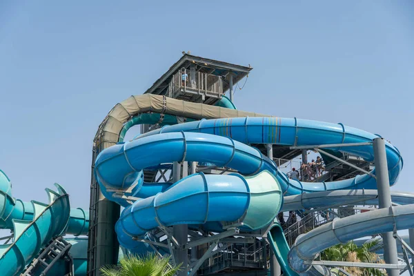 Blue Water Park Twisted Water Slide Amusement Resort Luxury Children — Zdjęcie stockowe