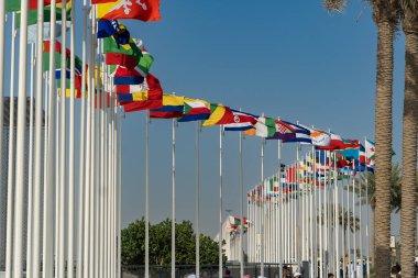 Birçok dünya bayrakları 2020 'de fuar merkezinin dışında mavi gökyüzü arka planında dalgalanır.